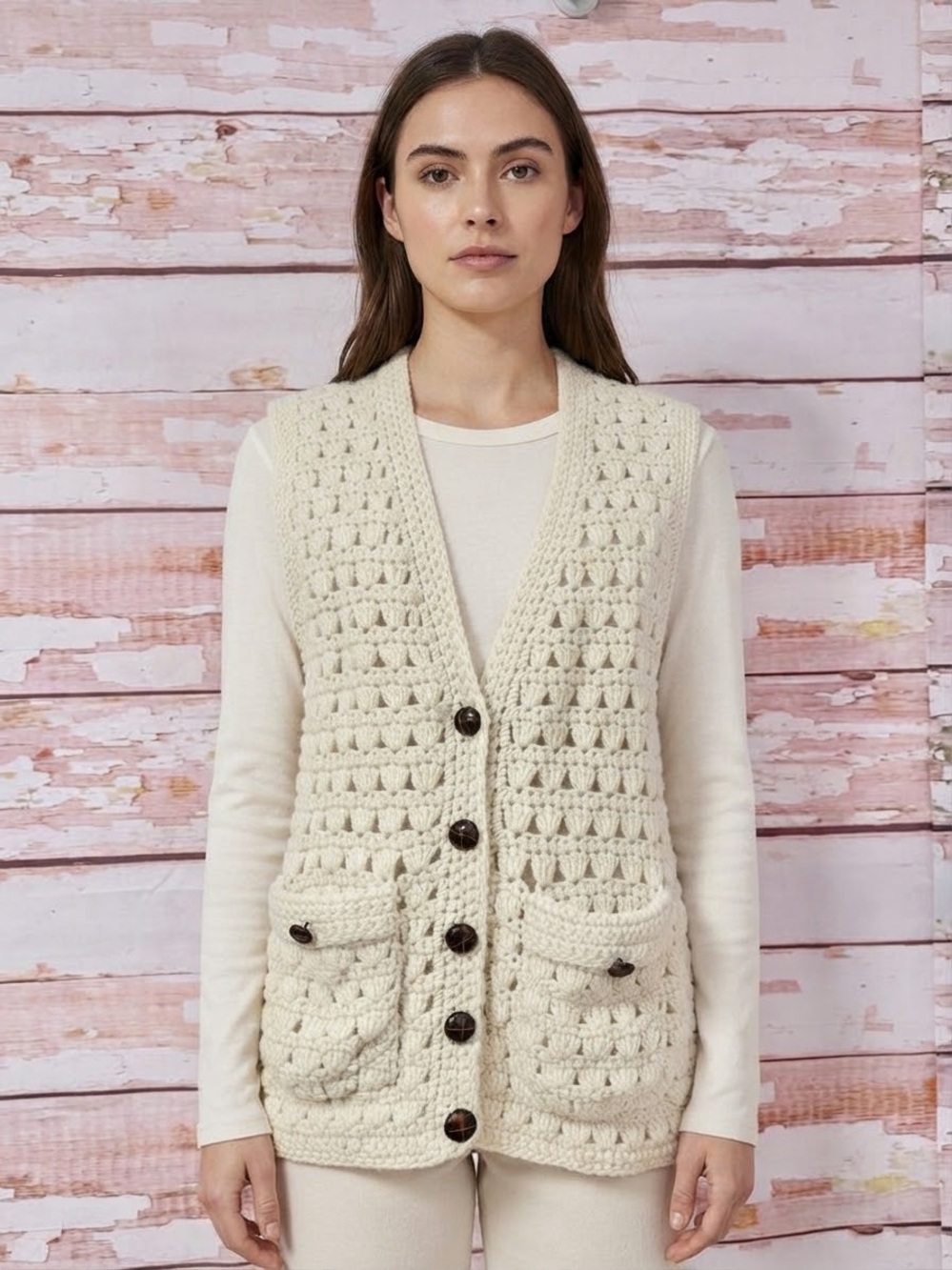 VINTAGE Hand Knit Cream Wool Crochet Sweater Vest